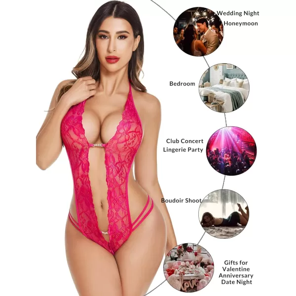 Avidlove Women One Piece Lingerie Sexy Lace Bodysuit Deep V Teddy Babydoll Nightgown XSXXXLRose Viole