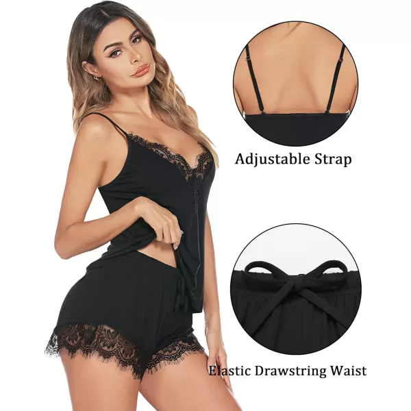 Avidlove Women Pajama Set Lace Trim Short PJ Set Modal V Neck Sleeveless Sleepwear Drawstring Waist Nightwear SXXLBlack