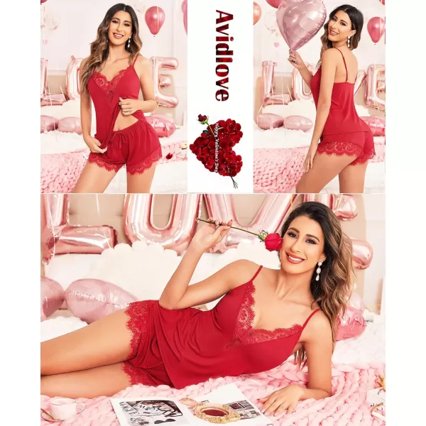 Avidlove Women Pajama Set Lace Trim Short PJ Set Modal V Neck Sleeveless Sleepwear Drawstring Waist Nightwear SXXLRed