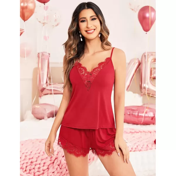 Avidlove Women Pajama Set Lace Trim Short PJ Set Modal V Neck Sleeveless Sleepwear Drawstring Waist Nightwear SXXLRed