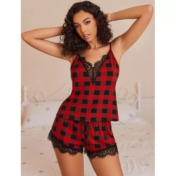 Avidlove Women Pajama Set Lace Trim Short PJ Set Modal V Neck Sleeveless Sleepwear Drawstring Waist Nightwear SXXLRed Plaid