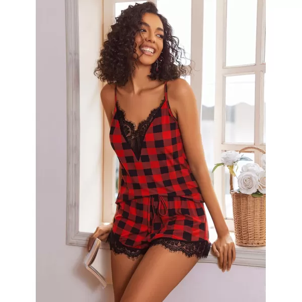 Avidlove Women Pajama Set Lace Trim Short PJ Set Modal V Neck Sleeveless Sleepwear Drawstring Waist Nightwear SXXLRed Plaid