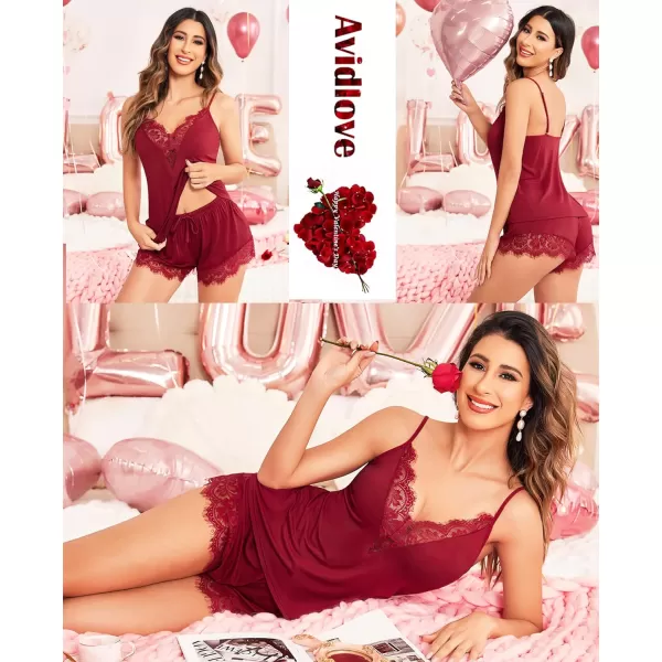 Avidlove Women Pajama Set Lace Trim Short PJ Set Modal V Neck Sleeveless Sleepwear Drawstring Waist Nightwear SXXLWine Red