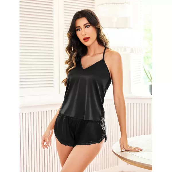 Avidlove Women Pajama Set Satin Cami Lace Sleepwear Lingerie Shorts Set Silk Pjs1 Black