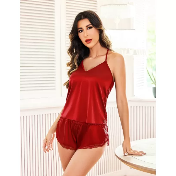 Avidlove Women Pajama Set Satin Cami Lace Sleepwear Lingerie Shorts Set Silk PjsRed