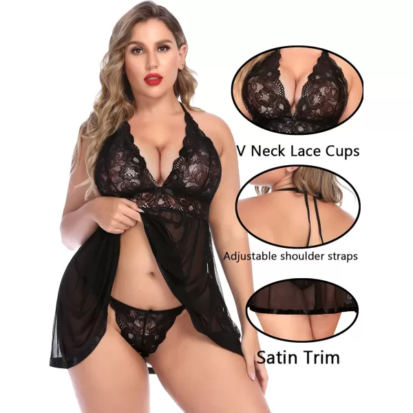 Avidlove Women Plus Size Babydoll Lingerie Lace Chemise Mesh SleepwearBlack