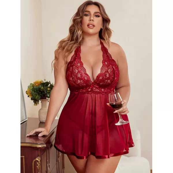 Avidlove Women Plus Size Babydoll Lingerie Lace Chemise Mesh SleepwearCardinal Red