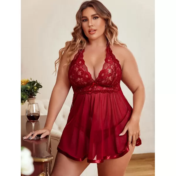 Avidlove Women Plus Size Babydoll Lingerie Lace Chemise Mesh SleepwearCardinal Red