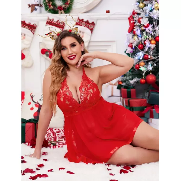 Avidlove Women Plus Size Babydoll Lingerie Lace Chemise Mesh SleepwearCarmine Red