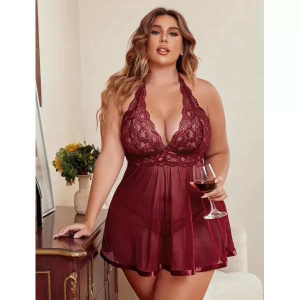 Avidlove Women Plus Size Babydoll Lingerie Lace Chemise Mesh SleepwearDark Red