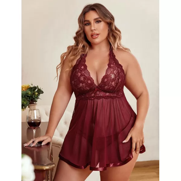 Avidlove Women Plus Size Babydoll Lingerie Lace Chemise Mesh SleepwearDark Red