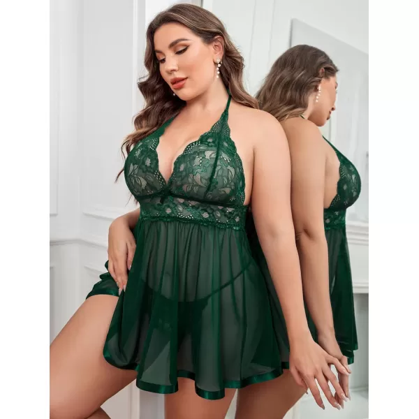 Avidlove Women Plus Size Babydoll Lingerie Lace Chemise Mesh SleepwearLake Green