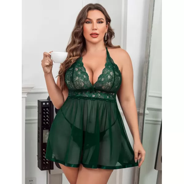 Avidlove Women Plus Size Babydoll Lingerie Lace Chemise Mesh SleepwearLake Green