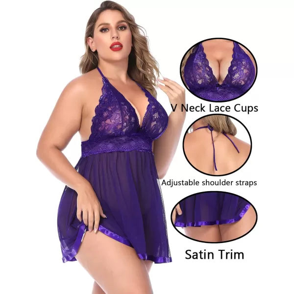 Avidlove Women Plus Size Babydoll Lingerie Lace Chemise Mesh SleepwearPurple