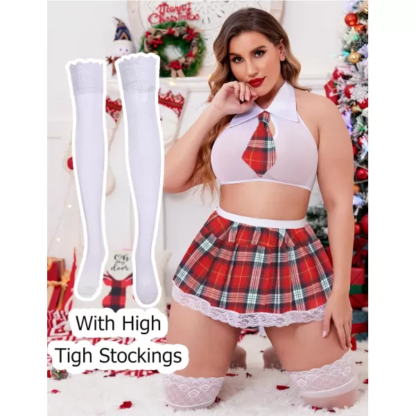 Avidlove Women School Girl Lingerie Costume Lingerie Set Sexy Student CostumesWhite Red With Stocking