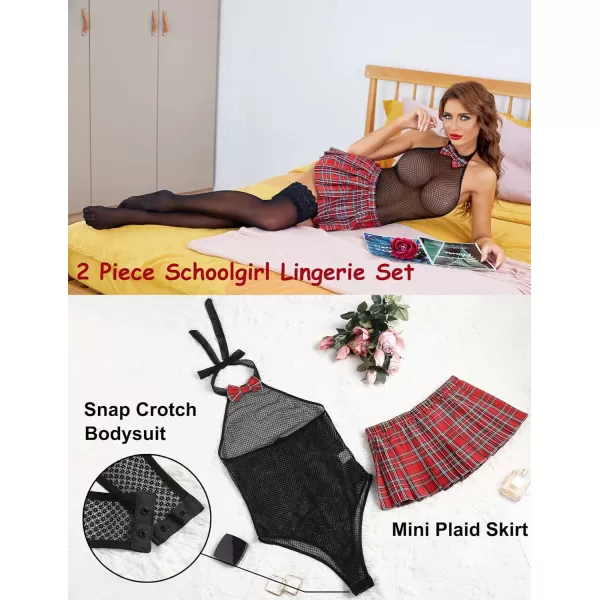 Avidlove Women Schoolgirl Lingerie Sexy Roleplay Lingerie Set Student Snap Crotch Bodysuit and Mini SkirtBlack