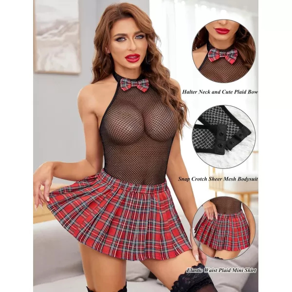 Avidlove Women Schoolgirl Lingerie Sexy Roleplay Lingerie Set Student Snap Crotch Bodysuit and Mini SkirtBlack