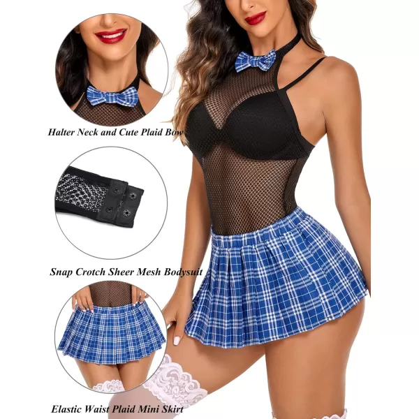 Avidlove Women Schoolgirl Lingerie Sexy Roleplay Lingerie Set Student Snap Crotch Bodysuit and Mini SkirtBlue