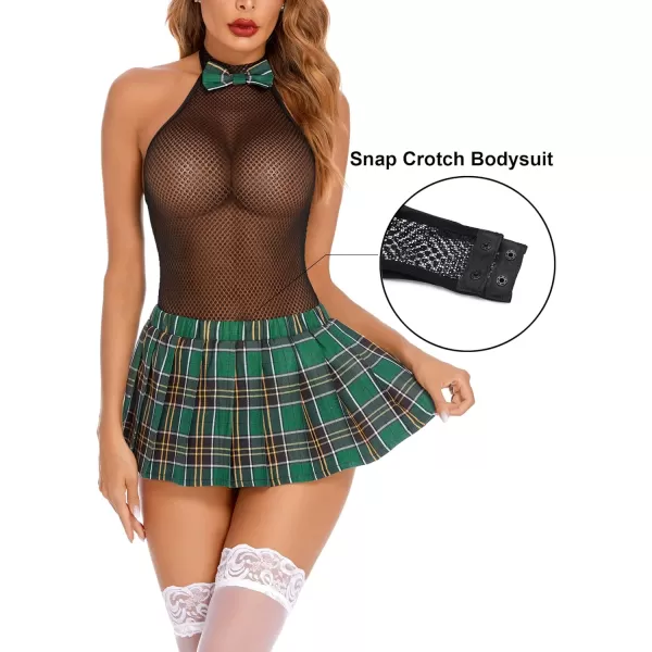 Avidlove Women Schoolgirl Lingerie Sexy Roleplay Lingerie Set Student Snap Crotch Bodysuit and Mini SkirtDark Green