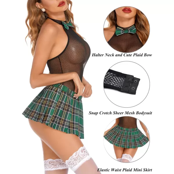 Avidlove Women Schoolgirl Lingerie Sexy Roleplay Lingerie Set Student Snap Crotch Bodysuit and Mini SkirtDark Green