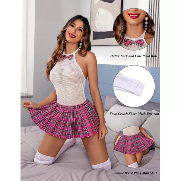 Avidlove Women Schoolgirl Lingerie Sexy Roleplay Lingerie Set Student Snap Crotch Bodysuit and Mini SkirtPink