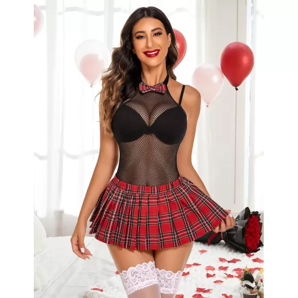 Avidlove Women Schoolgirl Lingerie Sexy Roleplay Lingerie Set Student Snap Crotch Bodysuit and Mini SkirtRed