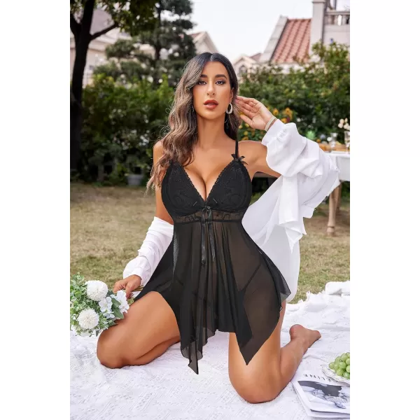 Avidlove Women Sexy Lingerie Lace Babydoll Nightdress Mesh Chemise V Neck SleepwearBlack