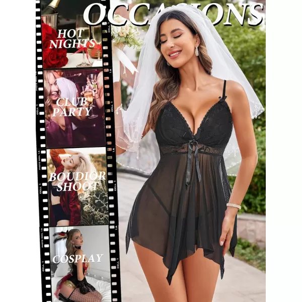 Avidlove Women Sexy Lingerie Lace Babydoll Nightdress Mesh Chemise V Neck SleepwearBlack