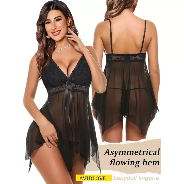Avidlove Women Sexy Lingerie Lace Babydoll Nightdress Mesh Chemise V Neck SleepwearBlack