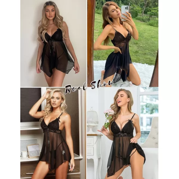 Avidlove Women Sexy Lingerie Lace Babydoll Nightdress Mesh Chemise V Neck SleepwearBlack