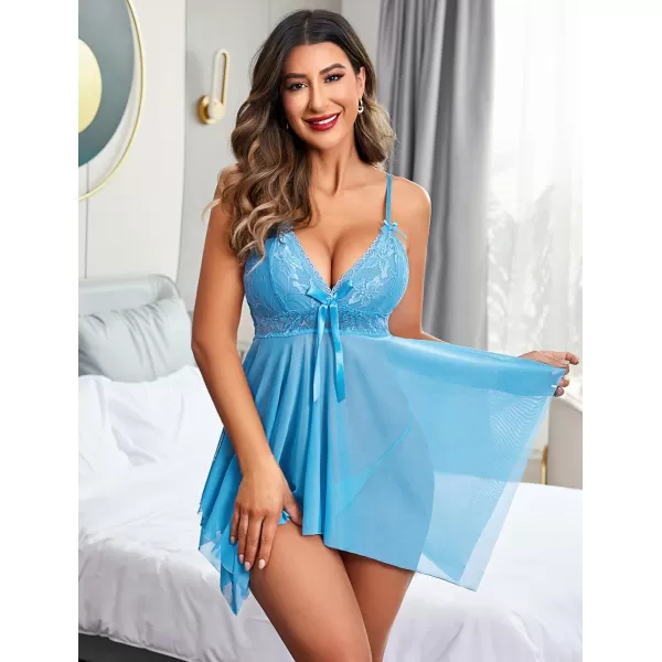 Avidlove Women Sexy Lingerie Lace Babydoll Nightdress Mesh Chemise V Neck SleepwearBlue