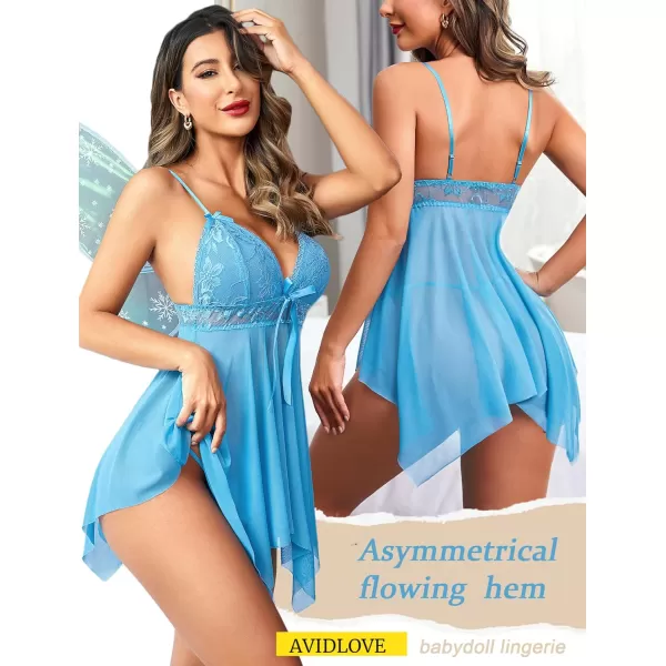 Avidlove Women Sexy Lingerie Lace Babydoll Nightdress Mesh Chemise V Neck SleepwearBlue