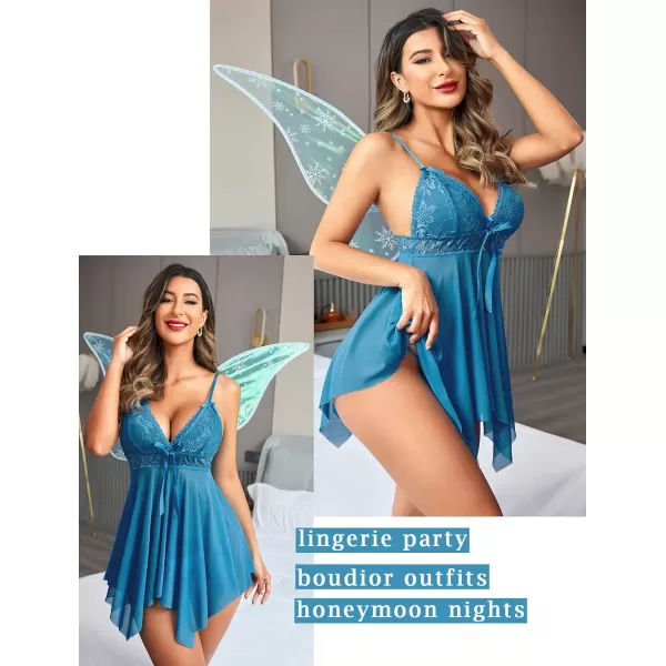 Avidlove Women Sexy Lingerie Lace Babydoll Nightdress Mesh Chemise V Neck SleepwearBlue Green