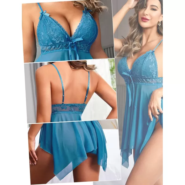 Avidlove Women Sexy Lingerie Lace Babydoll Nightdress Mesh Chemise V Neck SleepwearBlue Green