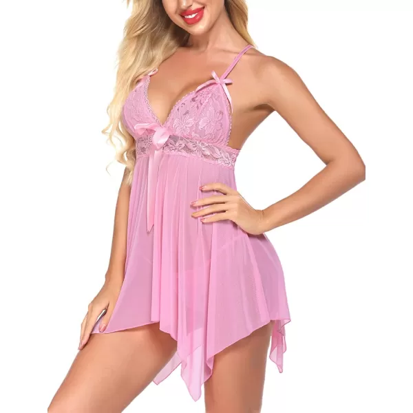 Avidlove Women Sexy Lingerie Lace Babydoll Nightdress Mesh Chemise V Neck SleepwearPink