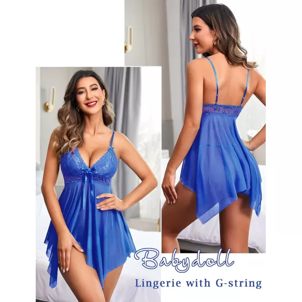 Avidlove Women Sexy Lingerie Lace Babydoll Nightdress Mesh Chemise V Neck SleepwearRoyalblue