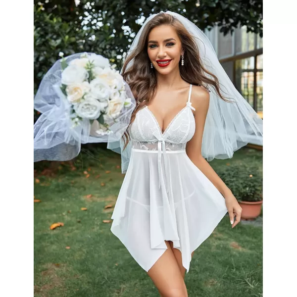 Avidlove Women Sexy Lingerie Lace Babydoll Nightdress Mesh Chemise V Neck SleepwearWhite