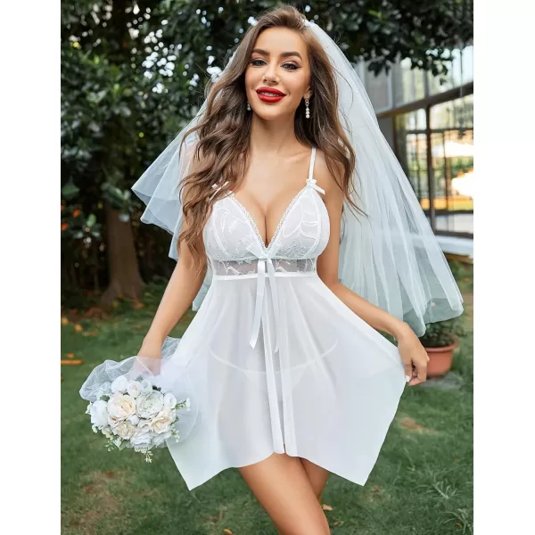 Avidlove Women Sexy Lingerie Lace Babydoll Nightdress Mesh Chemise V Neck SleepwearWhite