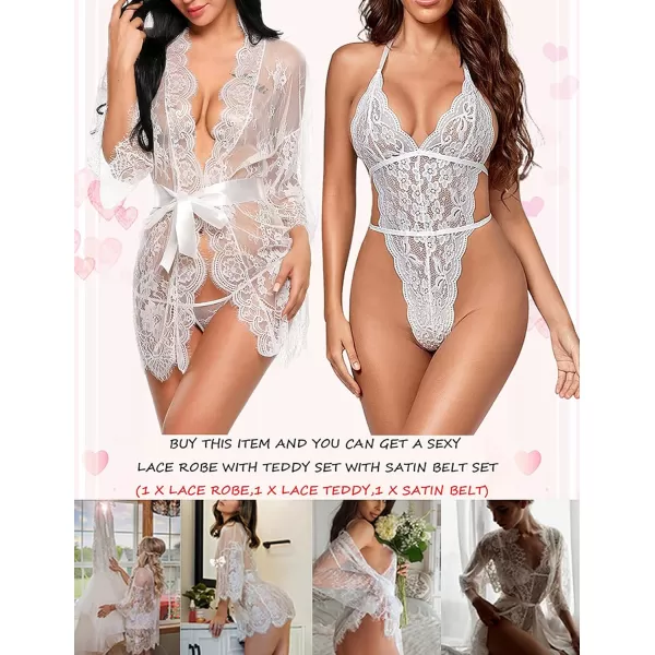 Avidlove Women Sexy Lingerie Set 2 Piece Lace Kimono Robe with Lace Teddy Lingerie Bodysuit1white