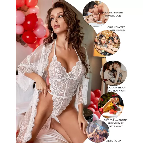 Avidlove Women Sexy Lingerie Set 2 Piece Lace Kimono Robe with Lace Teddy Lingerie Bodysuit1white