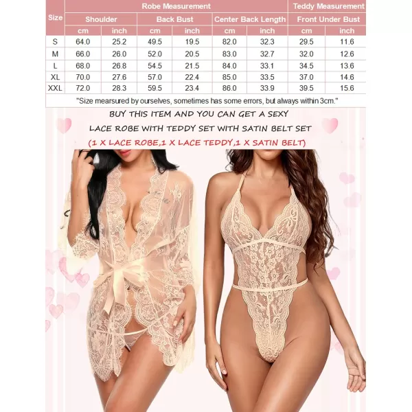 Avidlove Women Sexy Lingerie Set 2 Piece Lace Kimono Robe with Lace Teddy Lingerie BodysuitApricot