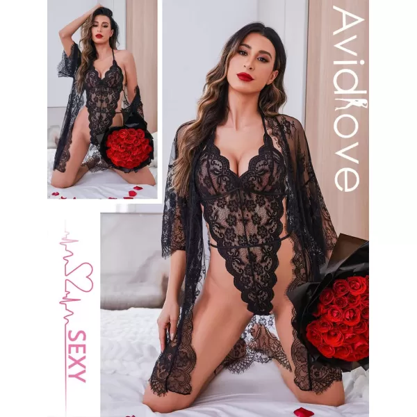 Avidlove Women Sexy Lingerie Set 2 Piece Lace Kimono Robe with Lace Teddy Lingerie BodysuitBlack