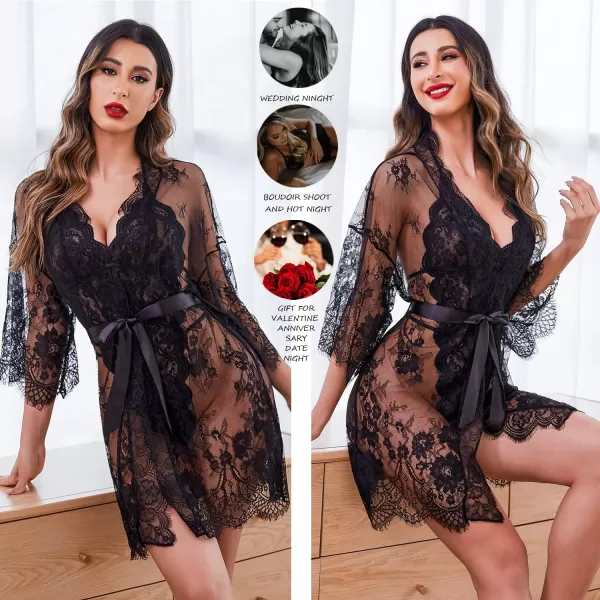 Avidlove Women Sexy Lingerie Set 2 Piece Lace Kimono Robe with Lace Teddy Lingerie BodysuitBlack