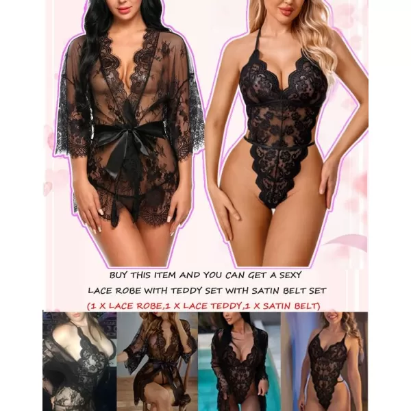 Avidlove Women Sexy Lingerie Set 2 Piece Lace Kimono Robe with Lace Teddy Lingerie BodysuitBlack