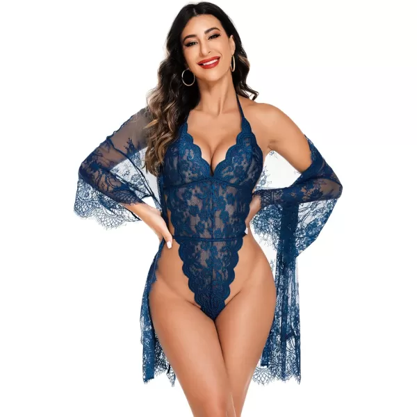 Avidlove Women Sexy Lingerie Set 2 Piece Lace Kimono Robe with Lace Teddy Lingerie BodysuitDeep Blue