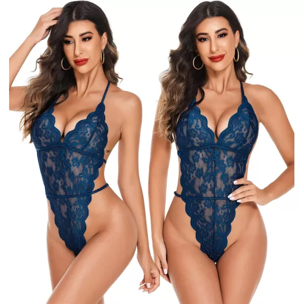 Avidlove Women Sexy Lingerie Set 2 Piece Lace Kimono Robe with Lace Teddy Lingerie BodysuitDeep Blue