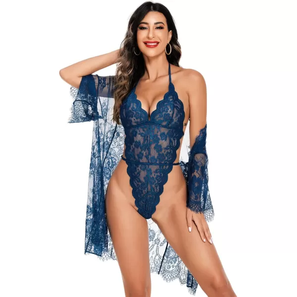 Avidlove Women Sexy Lingerie Set 2 Piece Lace Kimono Robe with Lace Teddy Lingerie BodysuitDeep Blue