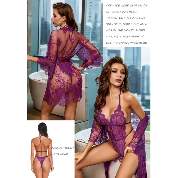 Avidlove Women Sexy Lingerie Set 2 Piece Lace Kimono Robe with Lace Teddy Lingerie BodysuitPurple