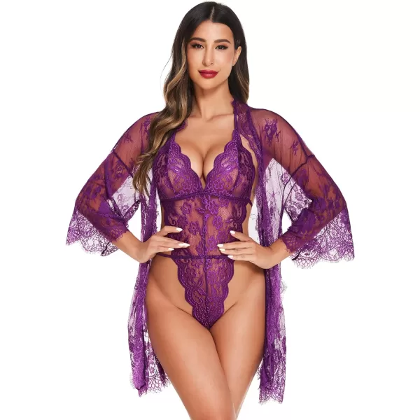 Avidlove Women Sexy Lingerie Set 2 Piece Lace Kimono Robe with Lace Teddy Lingerie BodysuitPurple