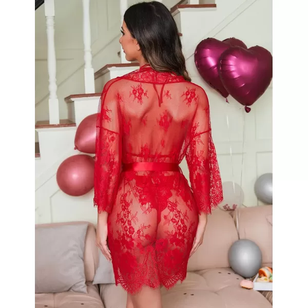 Avidlove Women Sexy Lingerie Set 2 Piece Lace Kimono Robe with Lace Teddy Lingerie BodysuitRed